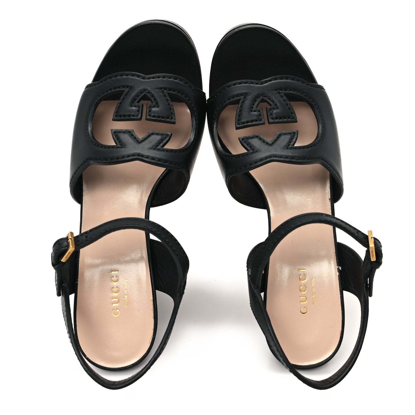Cosmos Softy Calfskin Wooden Interlocking G Cut-Out 30/120mm Platform Sandals 38.5 Black