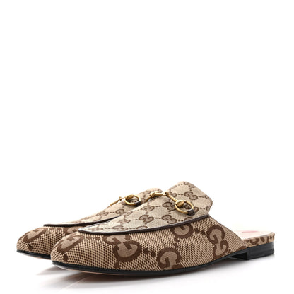 Gucci Monogram Jumbo GG Malaga Kid Womens Princetown Slippers 40 Camel Ebony New Acero Beige 3 of 8