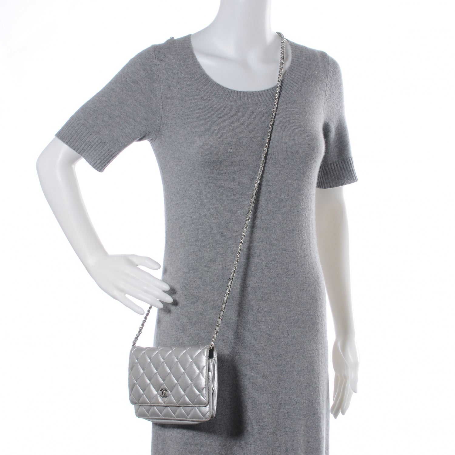Chanel Lambskin Quilted Wallet On Chain Silver 2 of 7