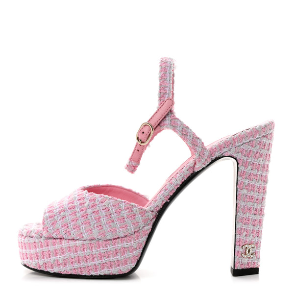 Chanel Tweed Crystal CC Platform Sandals 38 Light Pink 1424252
