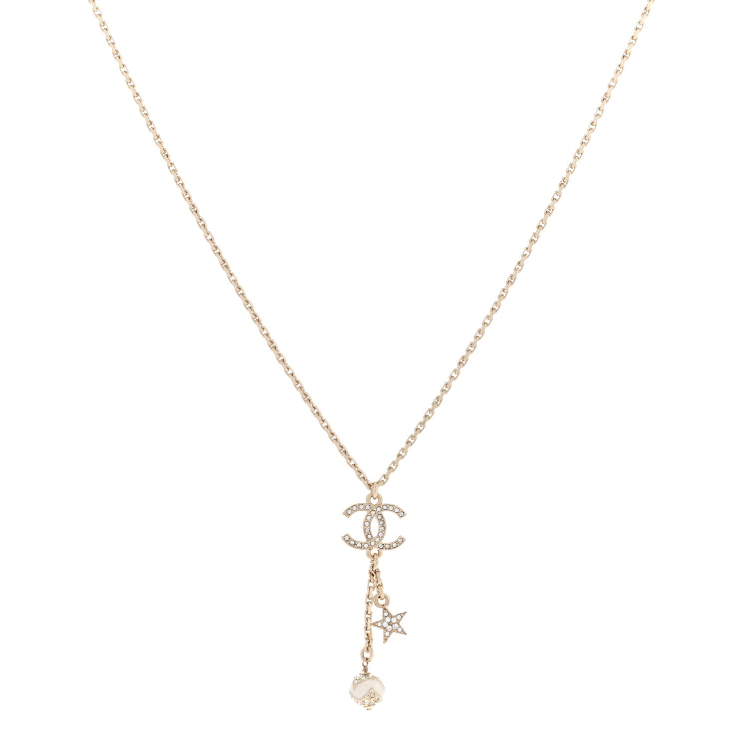 Chanel Crystal Star CC Drop Pendant Necklace White Gold 1 of 6