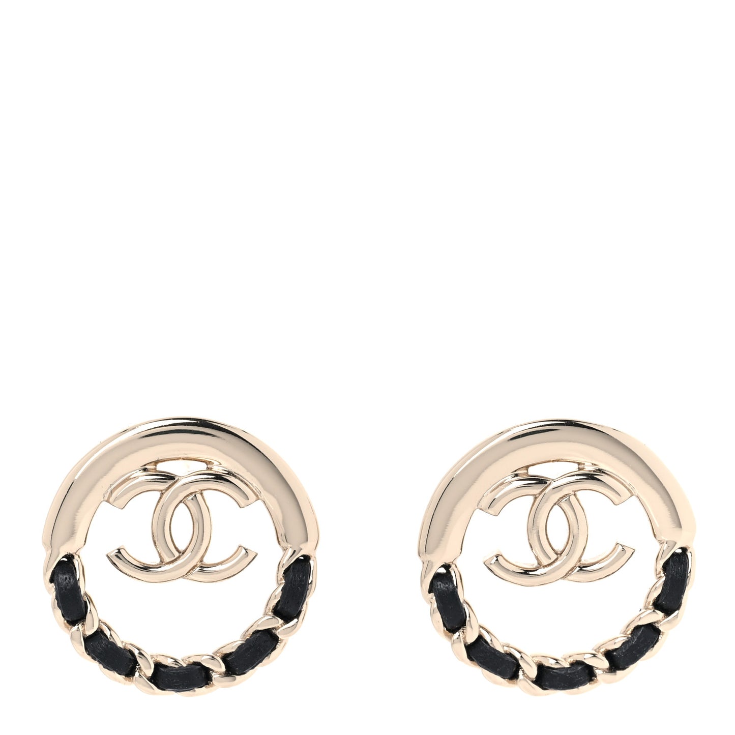 Lambskin Chain CC Round Earrings Gold Black