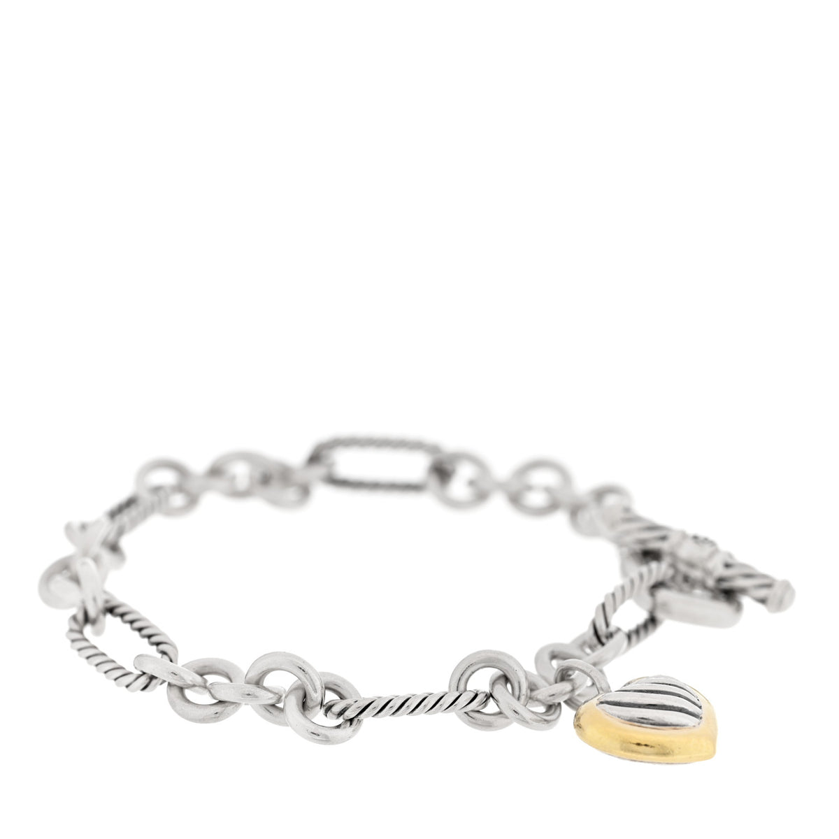 Sterling Silver 18k Yellow Gold Cable Heart Charm Bracelet