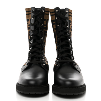 Fendi Calfskin Stretch Fabric FF Rockoko Biker Boots 39.5 Black Tobacco 2 of 8