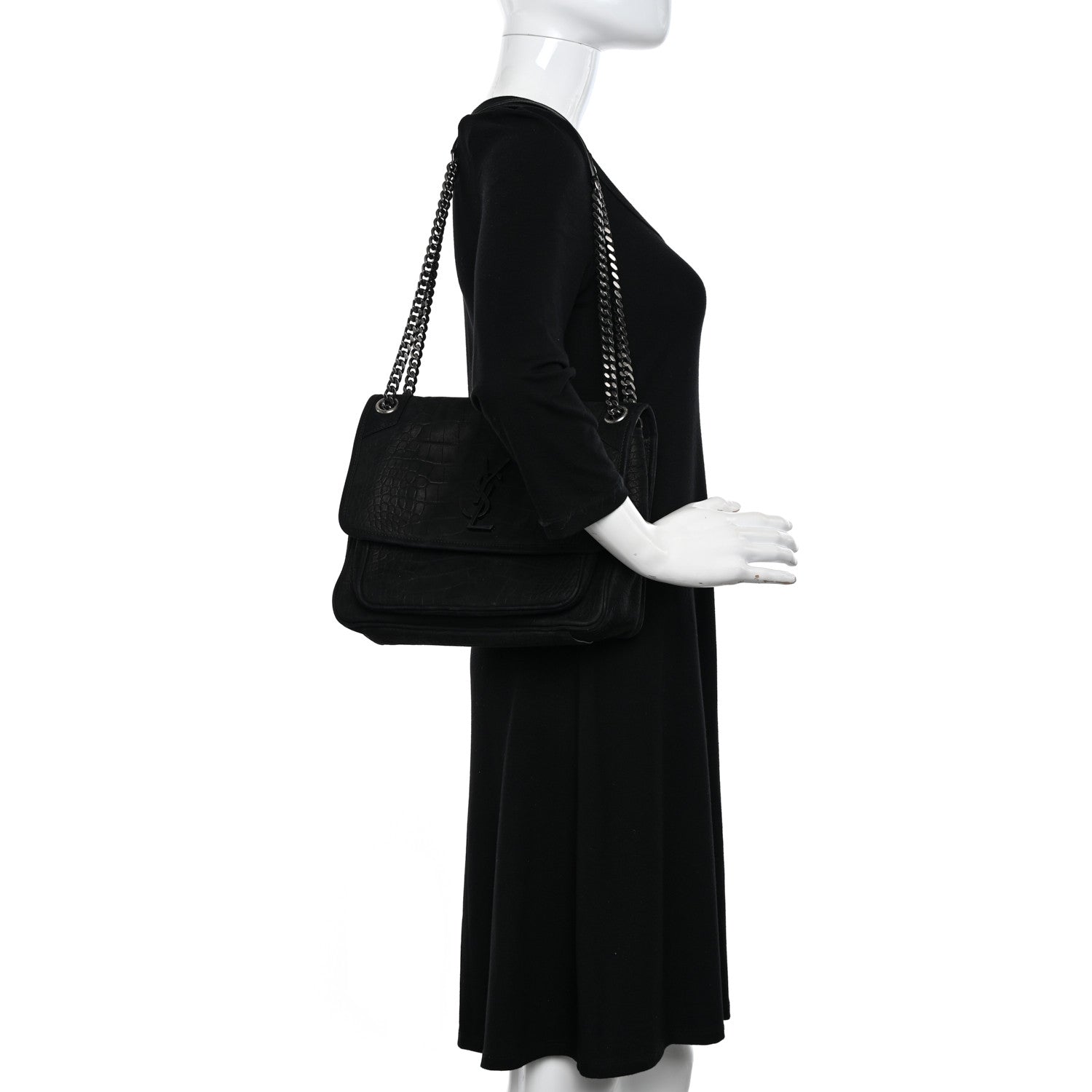 Saint Laurent Nubuck Crocodile Embossed Monogram Medium Niki Chain Satchel Black 2 of 9