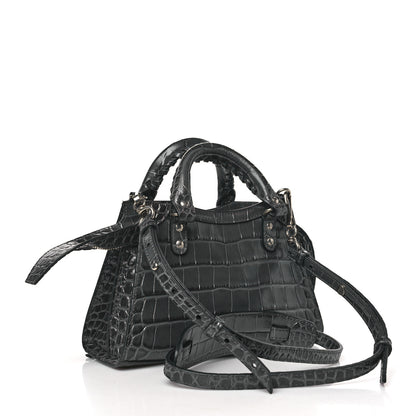 Balenciaga Calfskin Crocodile Embossed Neo Classic Silver Hardware Mini City Dark Grey 3 of 9