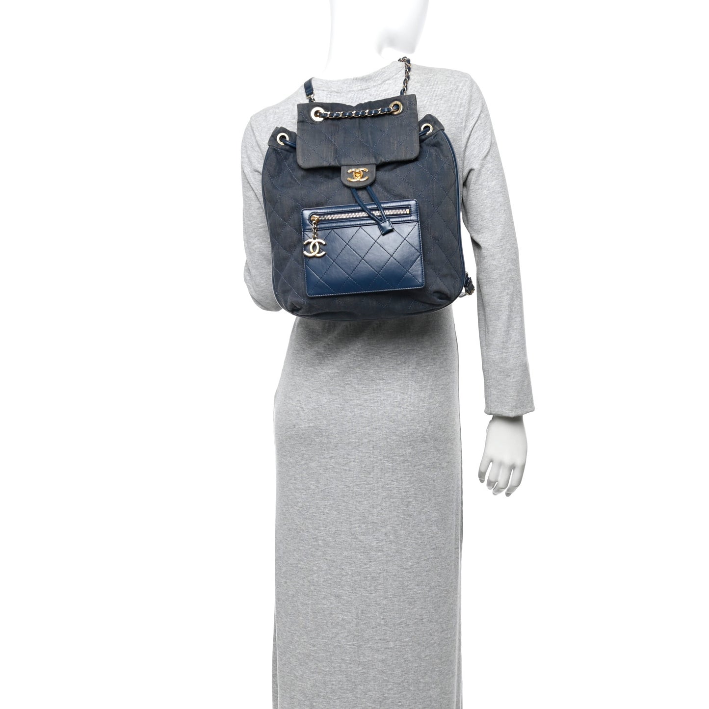 Denim Calfskin Quilted Backpack Blue