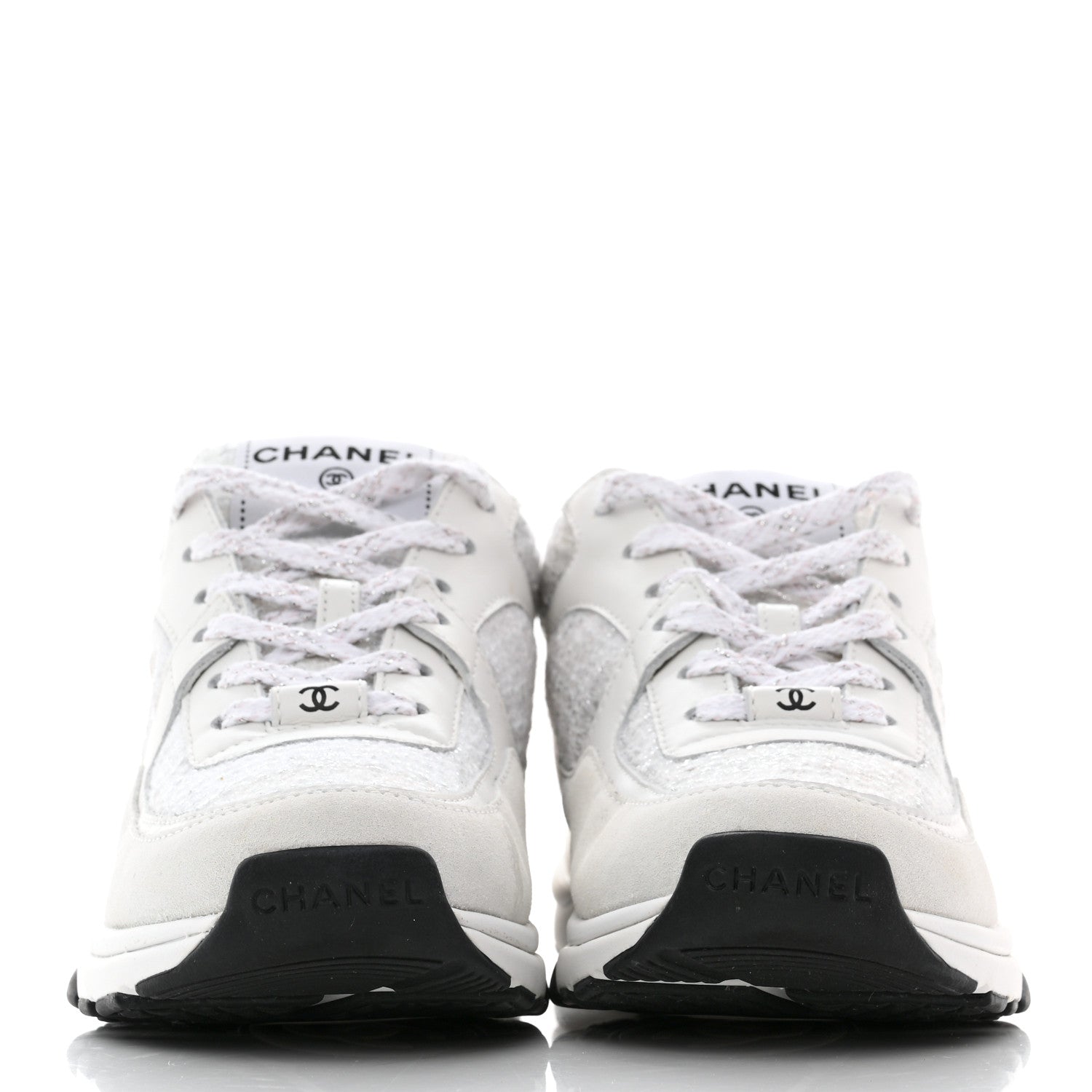 Chanel Painted Iridescent Cotton Tweed Suede Womens CC Sneakers 35.5 White Silver Multicolor 2 of 9