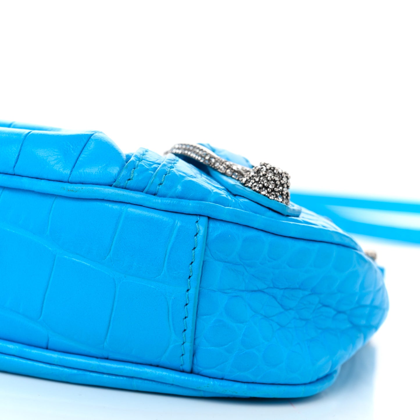Extra Supple Calfskin Crocodile Embossed Crystal Mini Le Cagole Purse With Chain Cyan