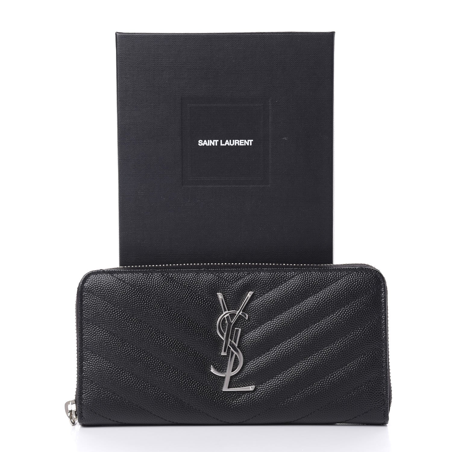 Saint Laurent Grain De Poudre Matelasse Chevron Monogram Zip Around Wallet Black 7 of 7