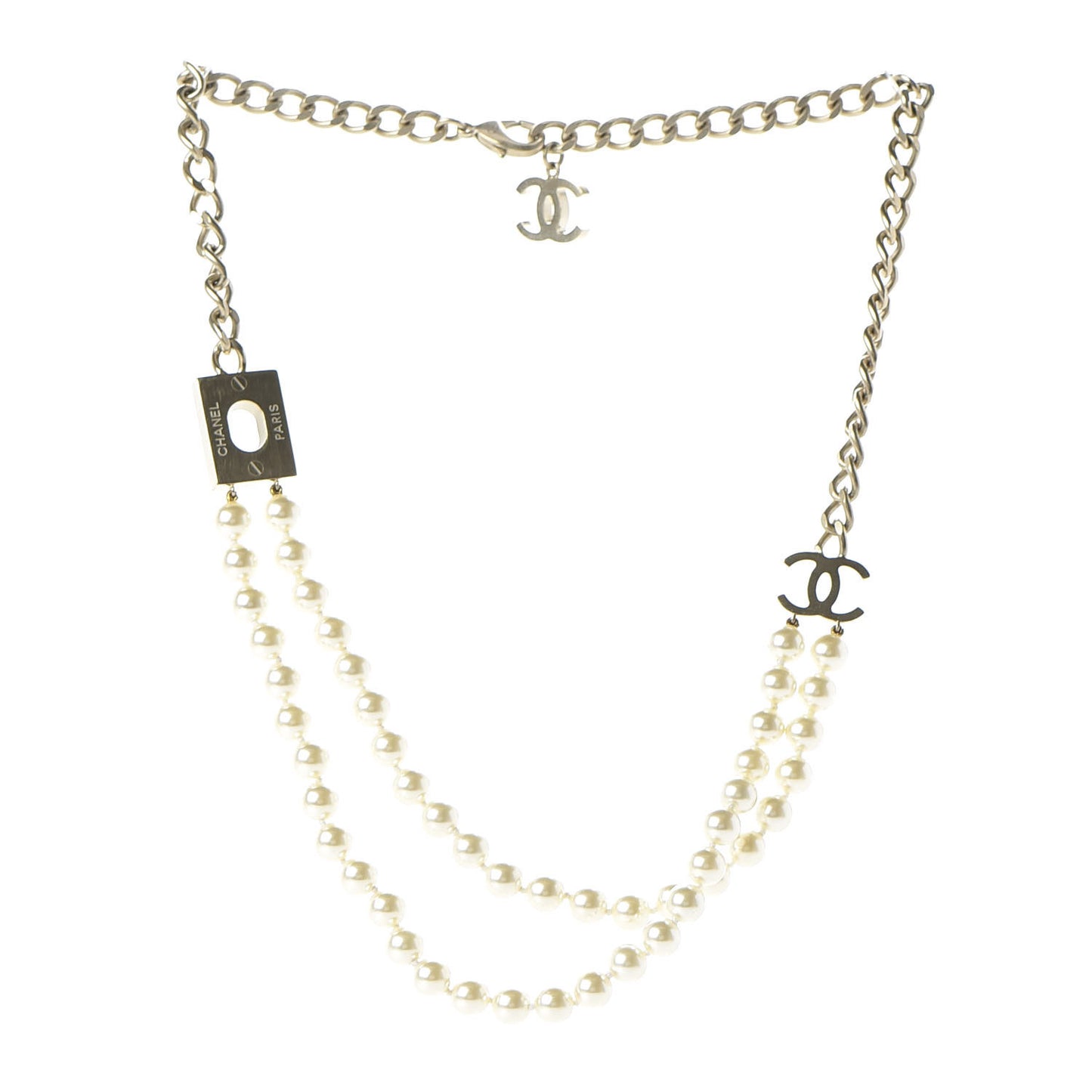 Pearl CC Double Strand Necklace Gold White
