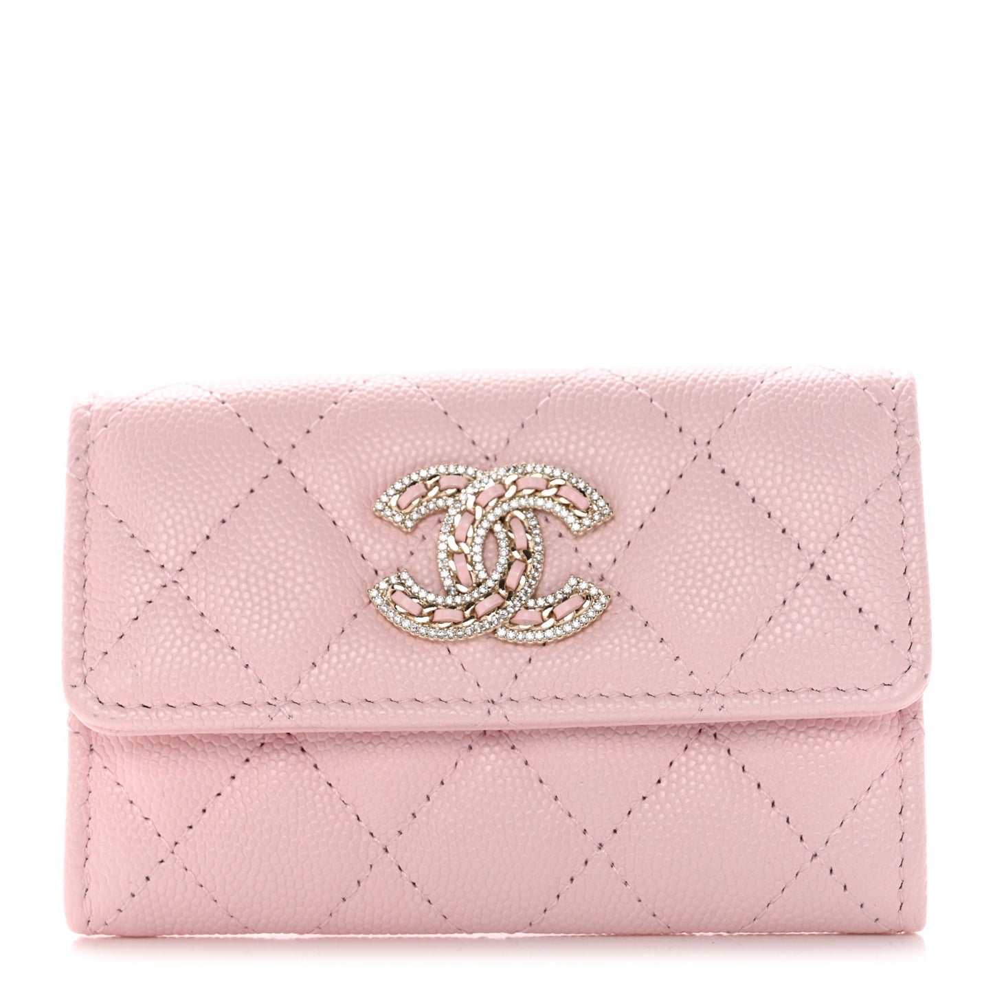 Caviar Quilted Crystal CC Flap Card Holder Pink