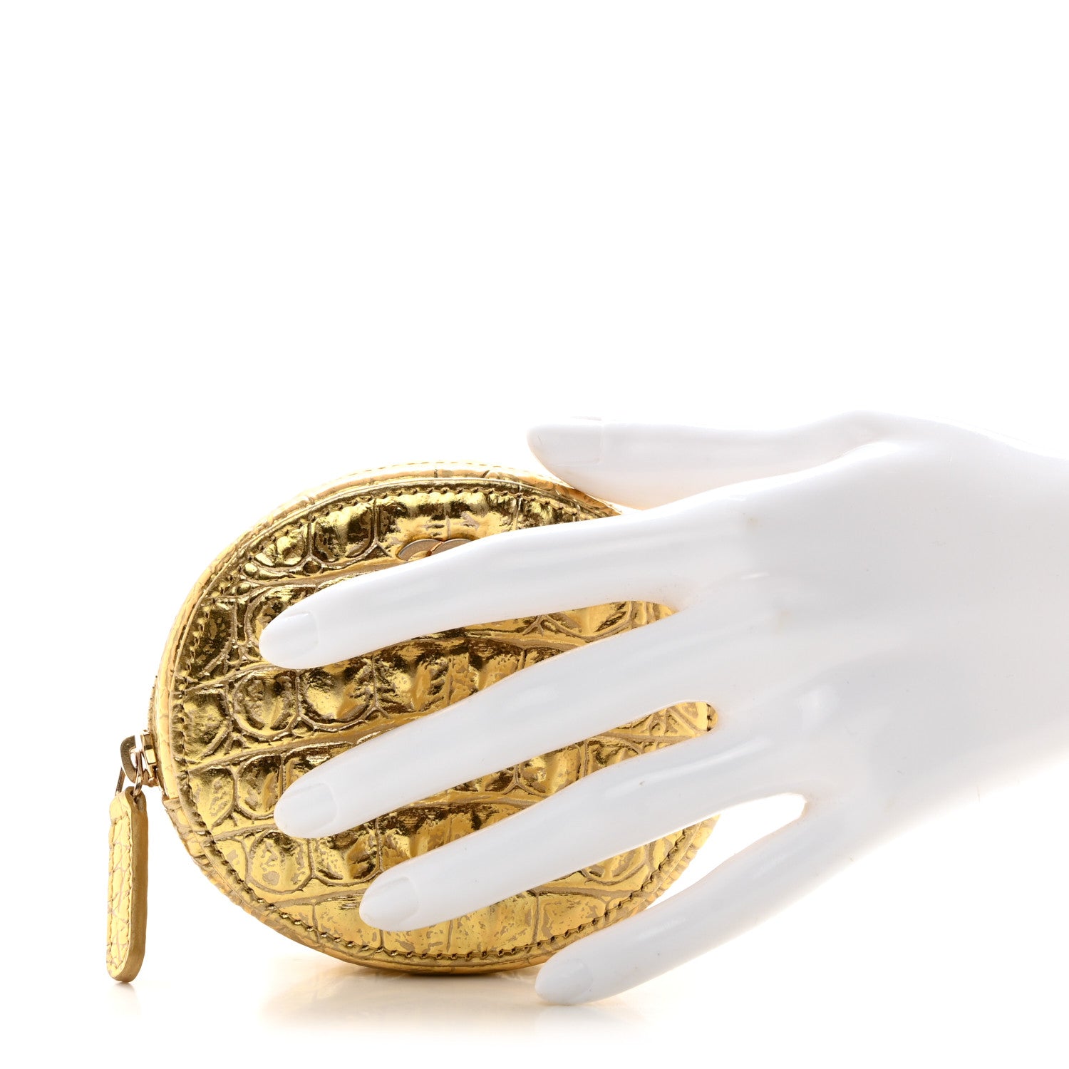 Chanel Metallic Calfskin Crocodile Embossed Cocodile Zip Around Classic Coin Purse Gold 2 of 8
