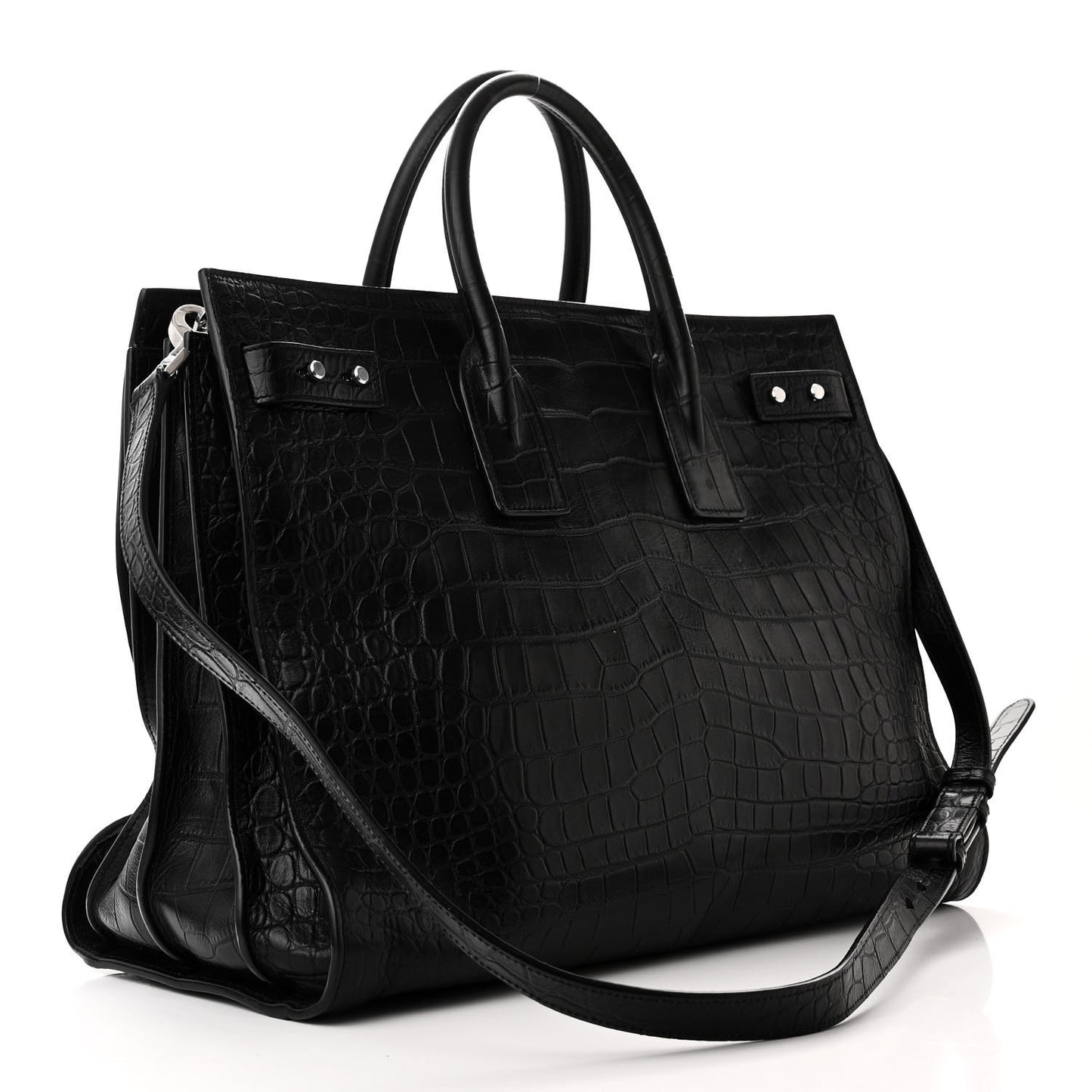 SAINT LAURENT Calfskin Crocodile Embossed Large Souple Sac De Jour Black