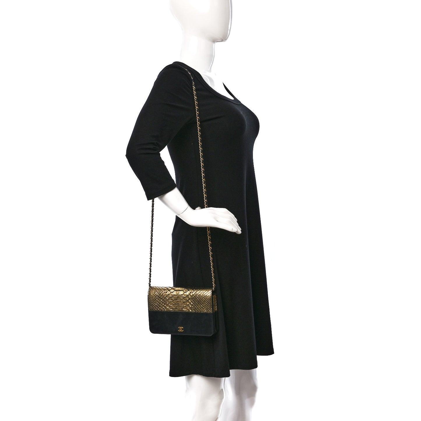 Snakeskin Iridescent Calfskin Wallet On Chain WOC Gold Black