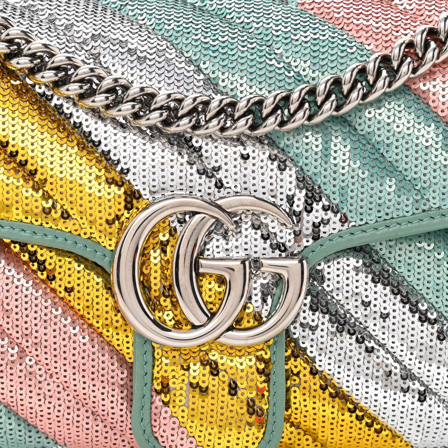 Gucci Sequin Satin Calfskin Matelasse Diagonal Small GG Marmont Shoulder Bag Grigio Argento Verde Chiaro Rosa Giallo Light Water Green 8 of 11