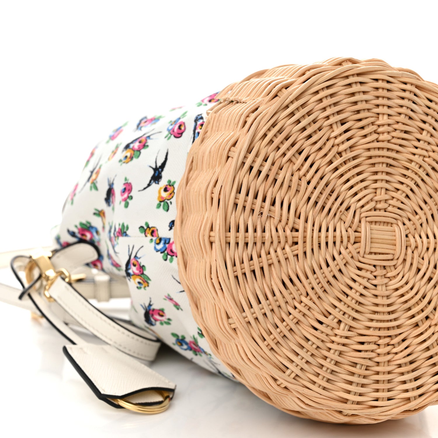 Prada Wicker Canvas Floral Print Bucket Bag White Multicolor 10 of 11