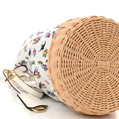 Prada Wicker Canvas Floral Print Bucket Bag White Multicolor 10 of 11