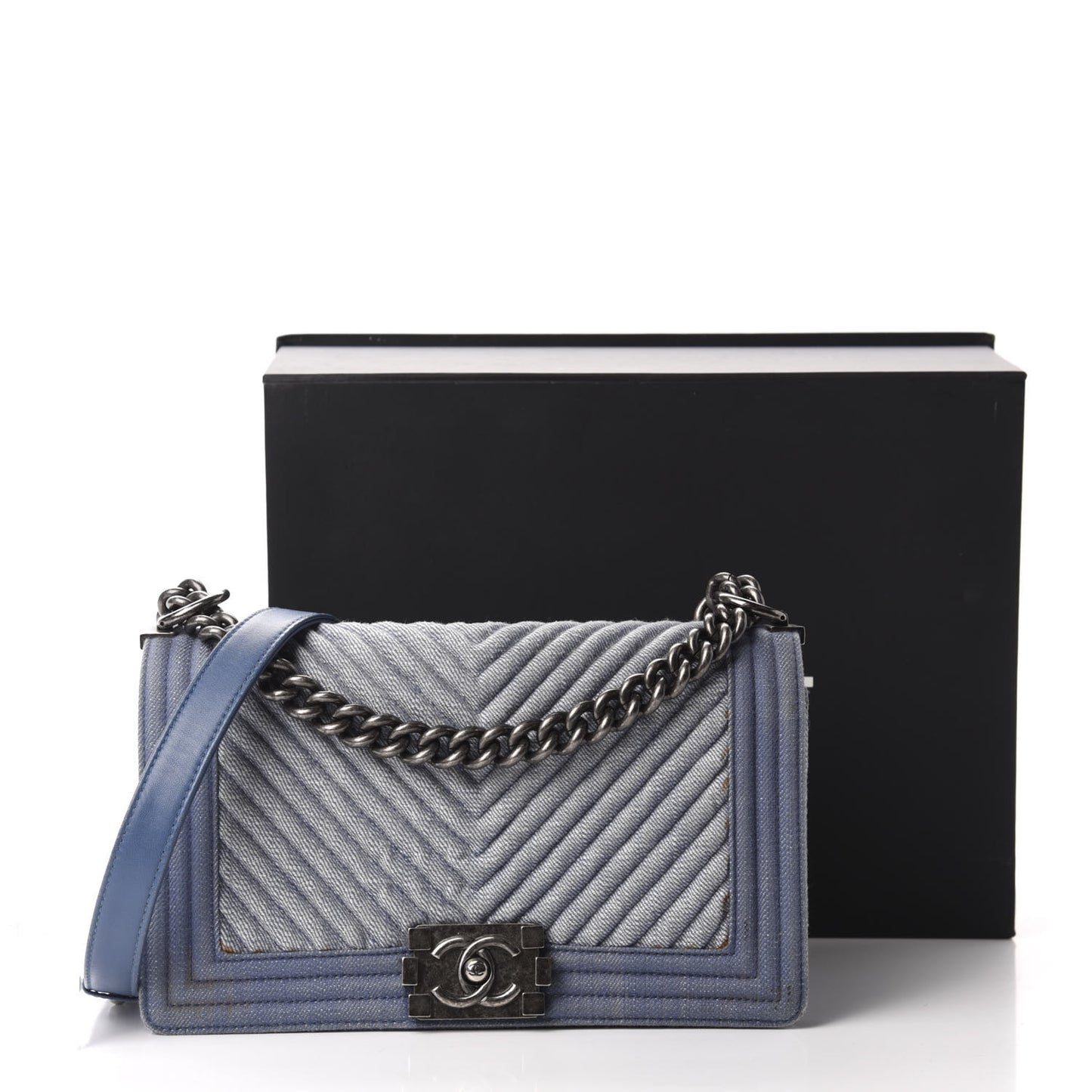 Denim Chevron Quilted Medium Boy Flap Blue