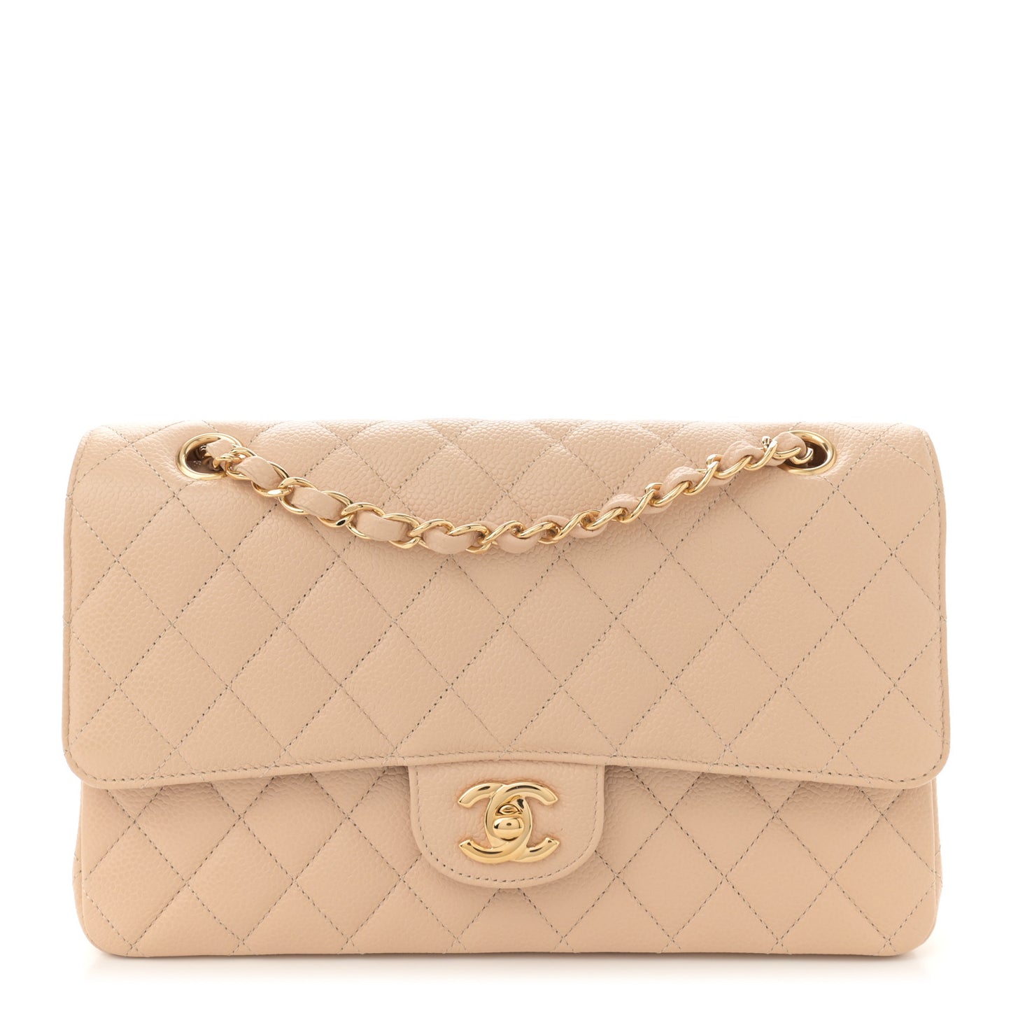 Caviar Quilted Medium Double Flap Beige