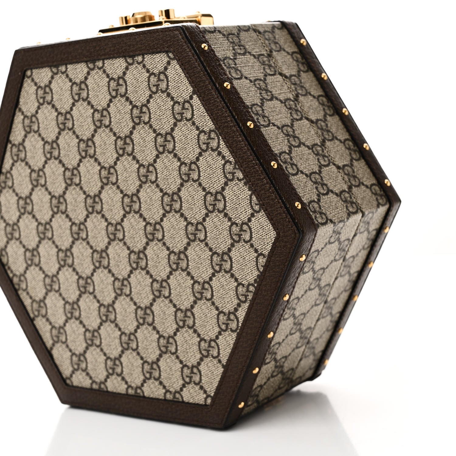 Gucci GG Supreme Monogram Textured Dollar Calfskin Studded Padlock Hexagon Top Handle Case Beige Ebony New Acero 10 of 10