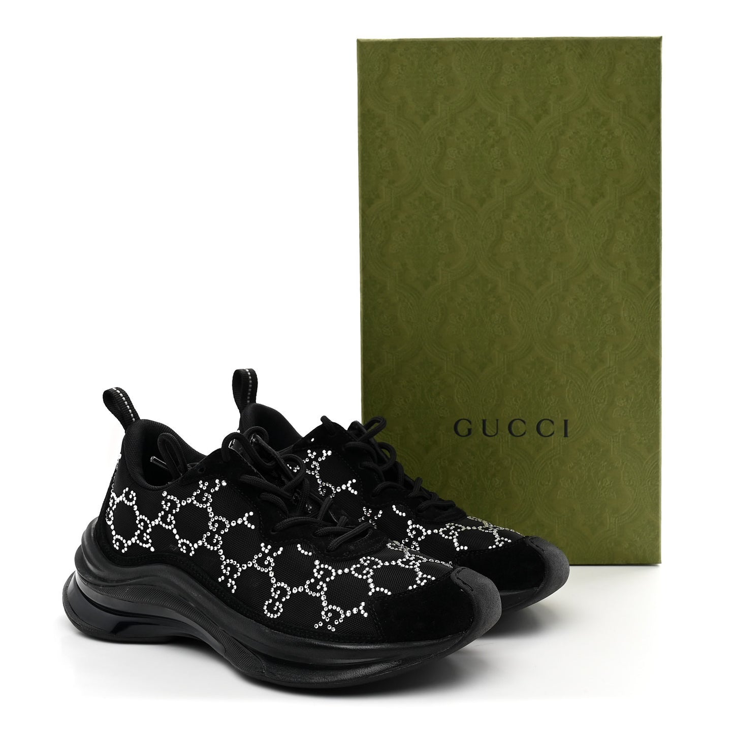 Tela Retino Mesh Crystal Suede GG Monogram Womens Gucci Run Sneakers 37.5 Black Silver