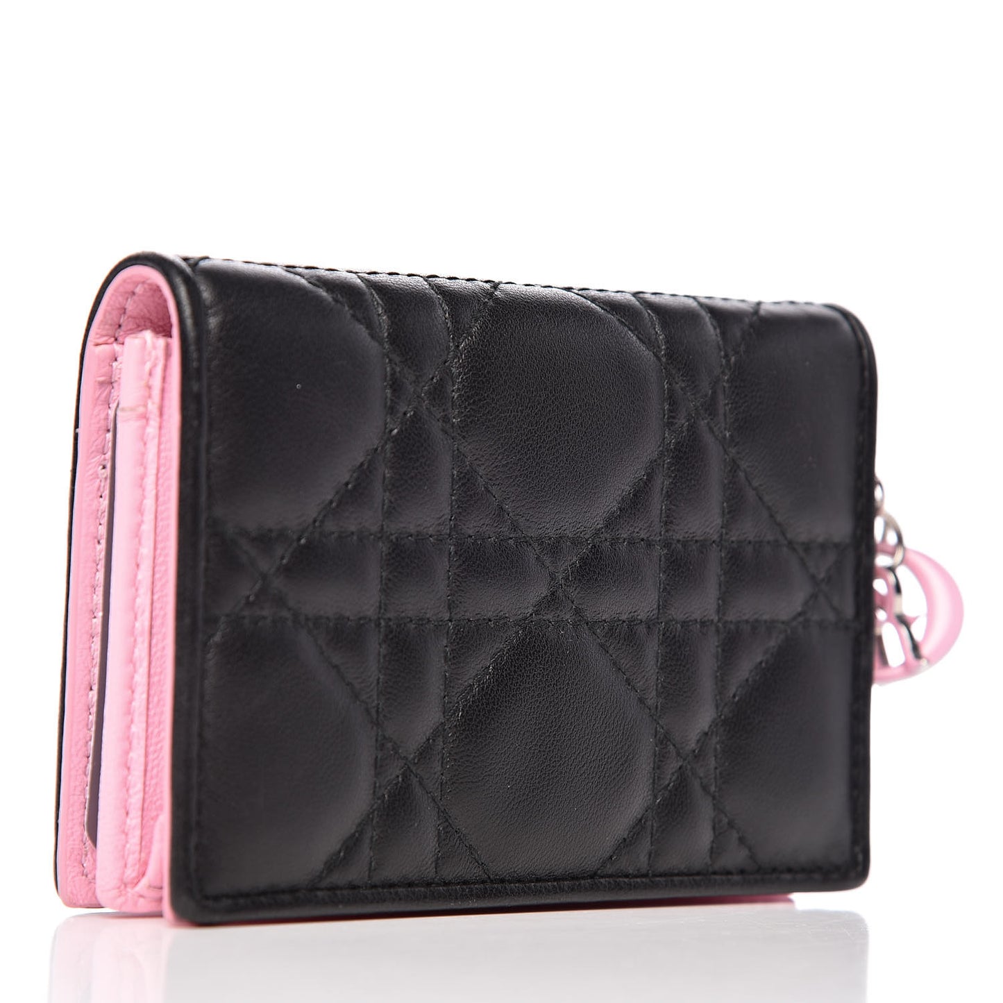 Lambskin Cannage Bi-Color Small Lady Dior Flap Card Holder Black Pink
