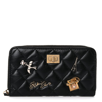 Chanel Aged Calfskin Quilted Small Lucky Charms 2.55 Reissue Zip Around Wallet Black 1 of 17