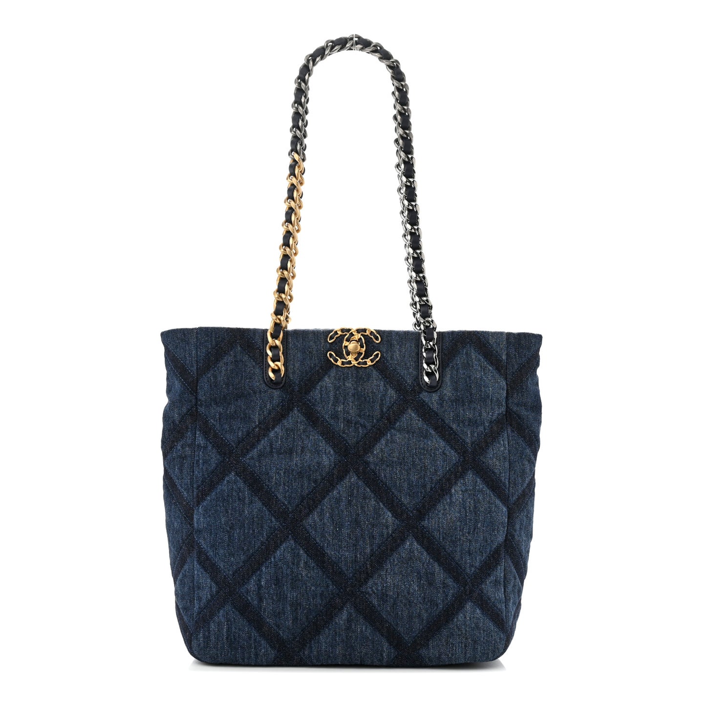 Denim Quilted Chanel 19 North South Shopping Bag Blue