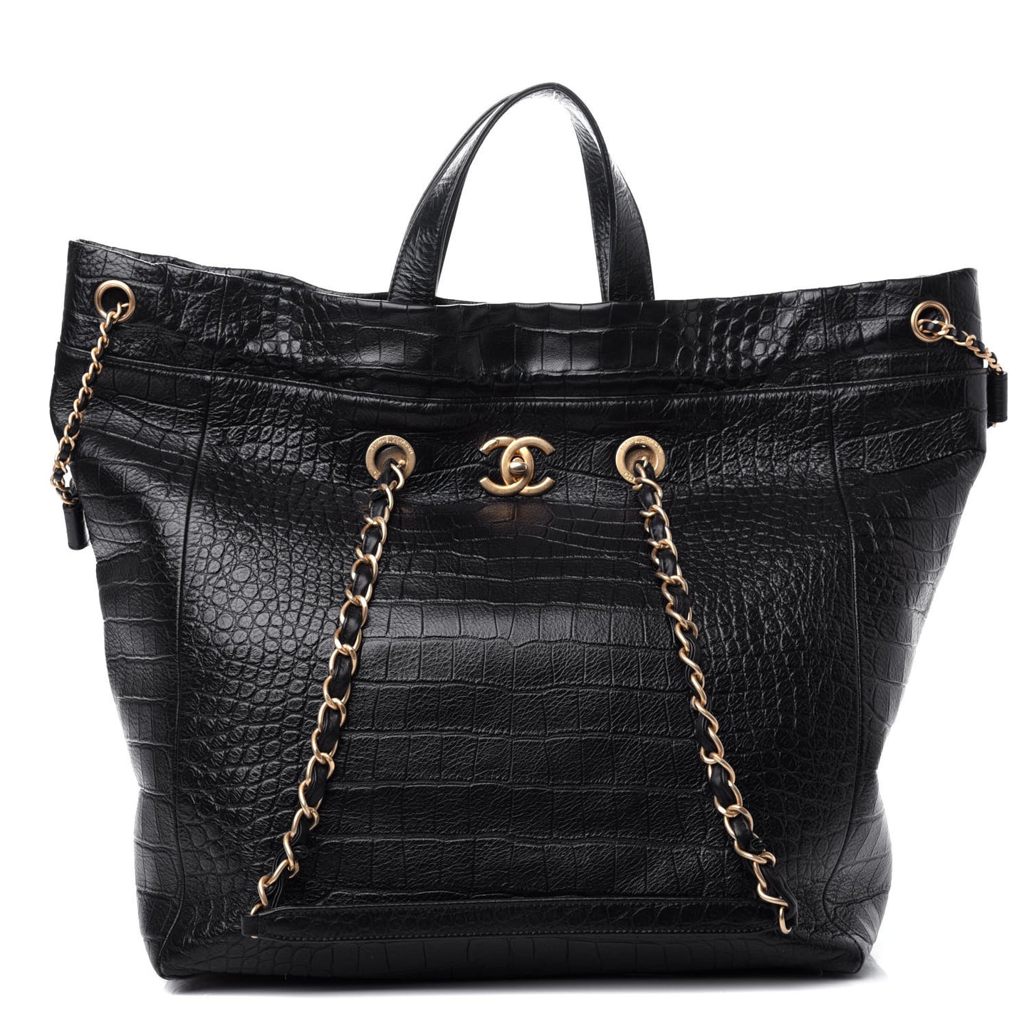 Calfskin Crocodile Embossed Large Cocodile Shopping Tote Black