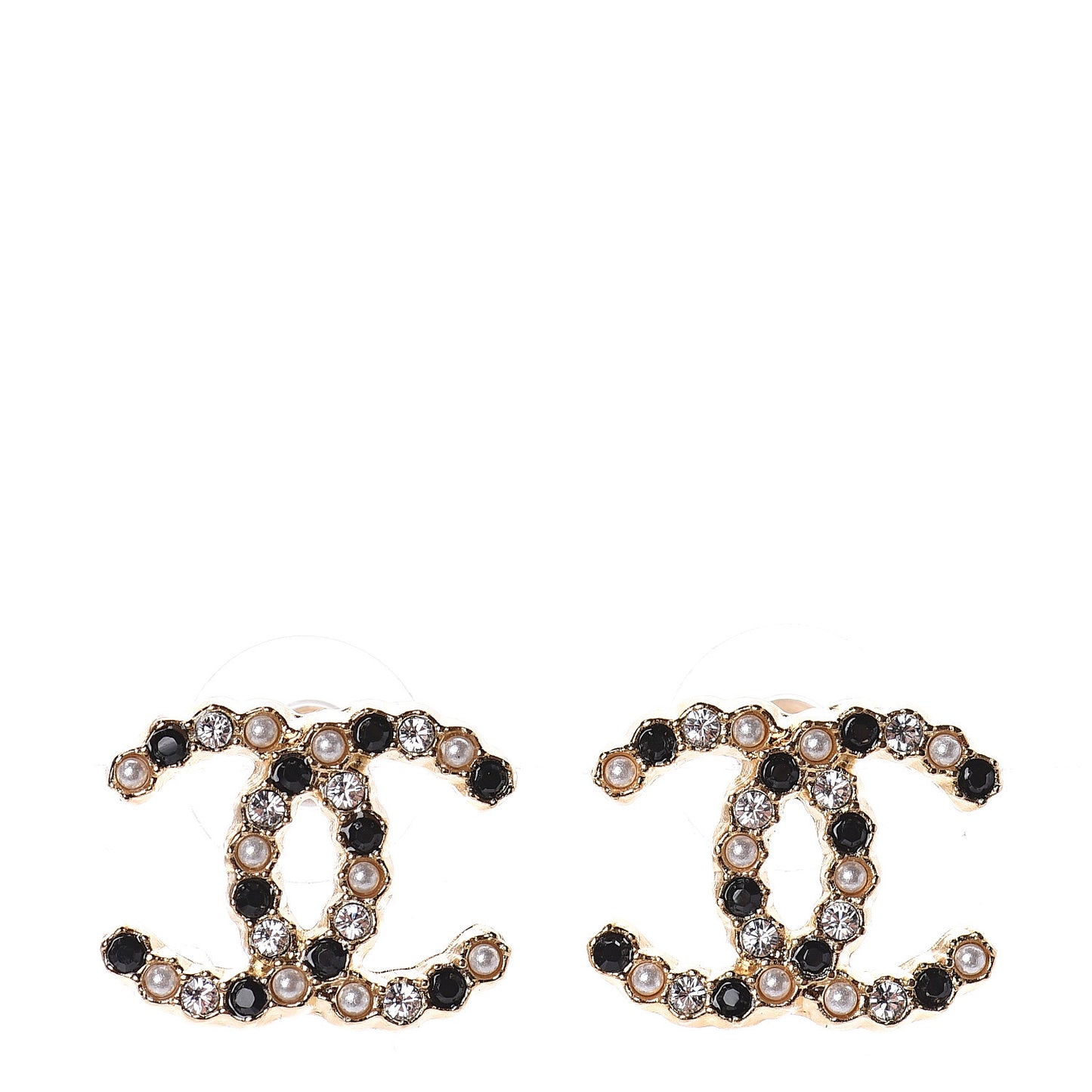 Resin Pearl Crystal CC Earrings Gold Black