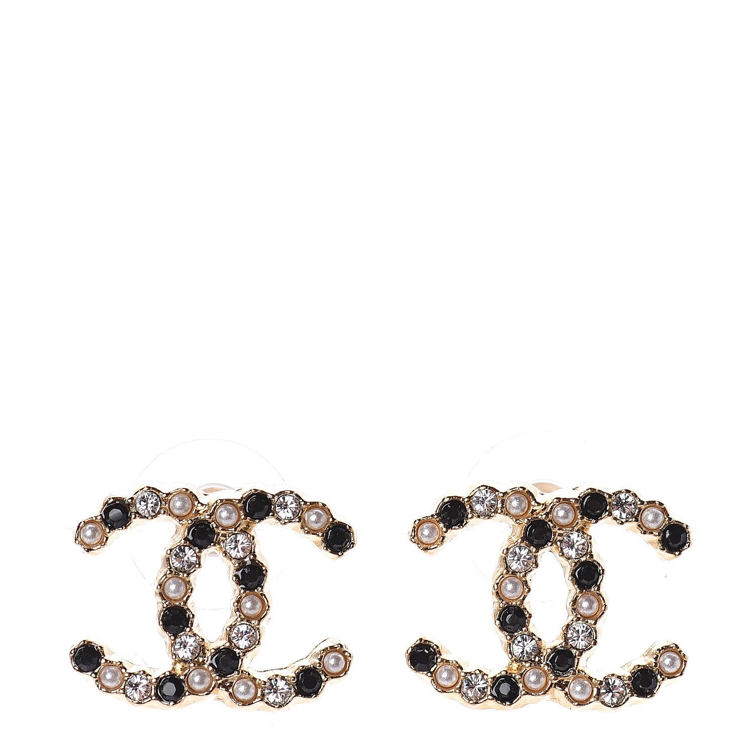 Chanel Resin Pearl Crystal CC Earrings Gold Black 1 of 4