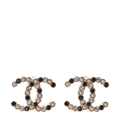 Chanel Resin Pearl Crystal CC Earrings Gold Black 1 of 4