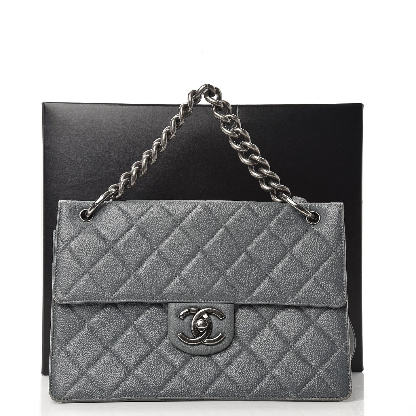 Caviar Quilted Large Retro Class Flap Grey