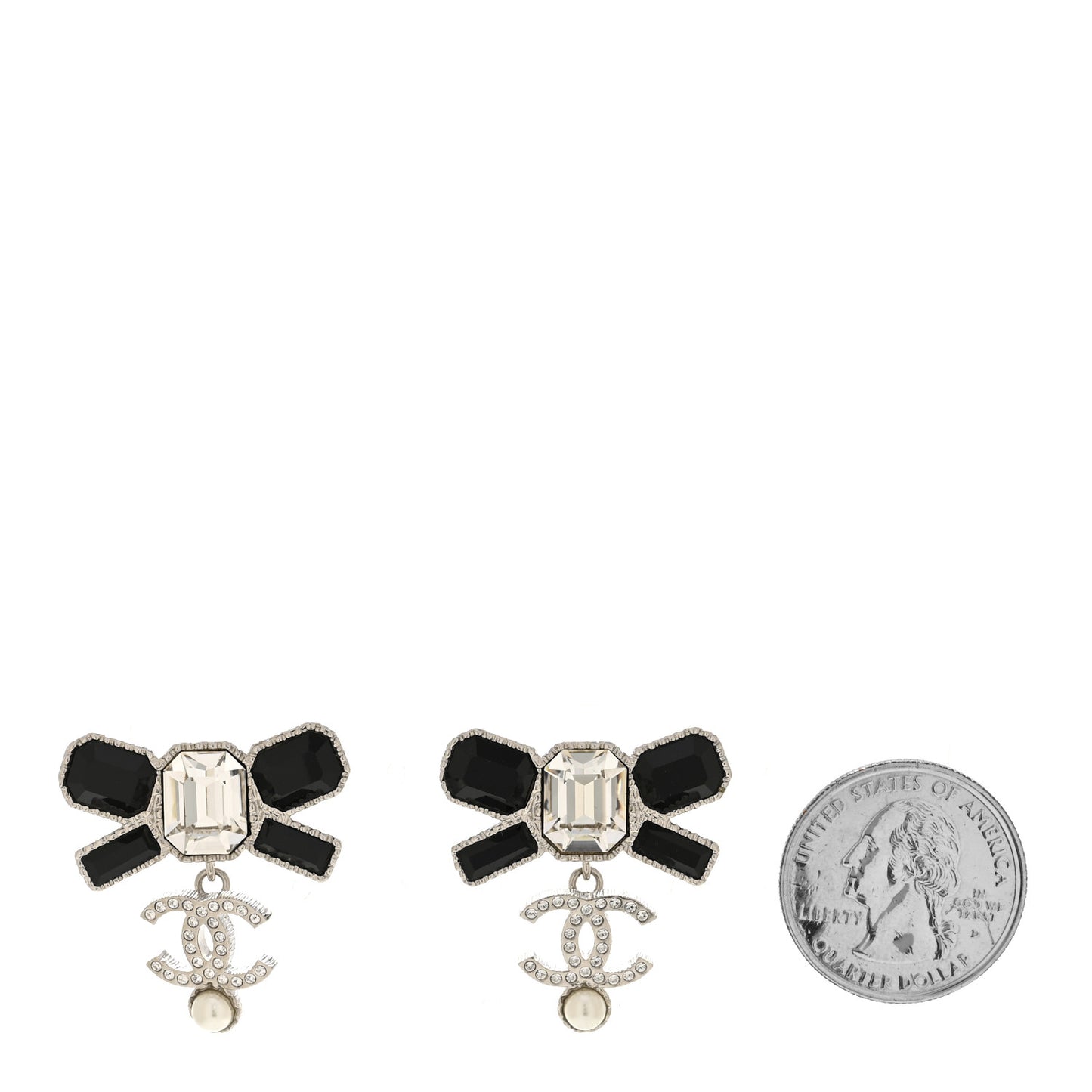 Crystal CC Bow Drop Earrings Silver Black
