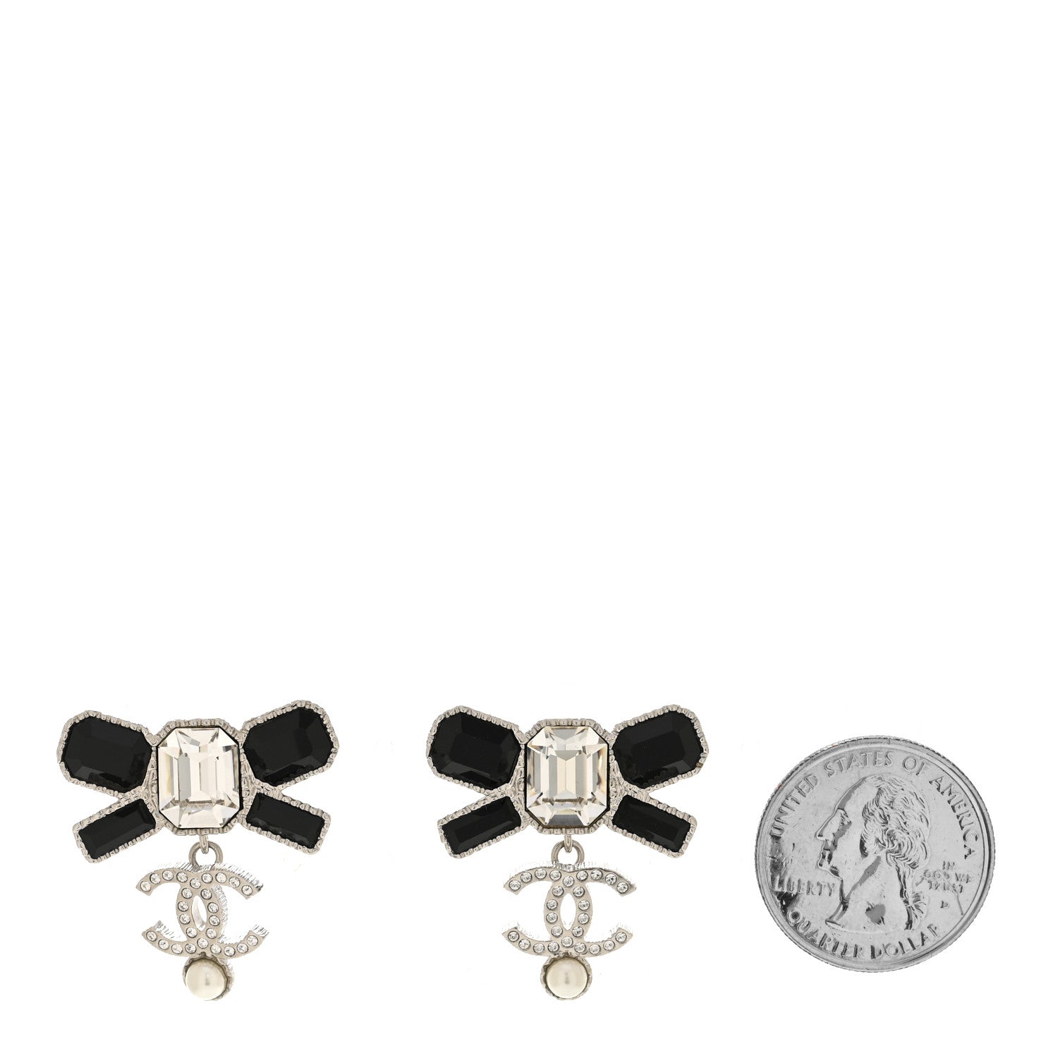 Chanel Crystal CC Bow Drop Earrings Silver Black 2 of 5