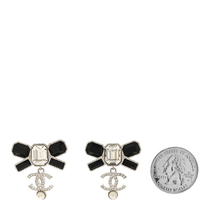 Chanel Crystal CC Bow Drop Earrings Silver Black 2 of 5