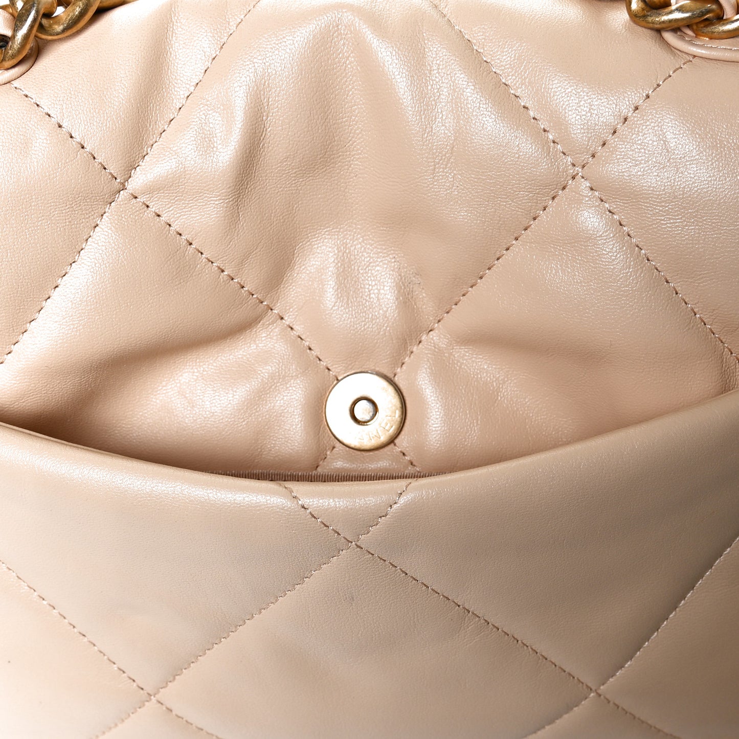 Shiny Goatskin Quilted Medium Chanel 19 Flap Beige