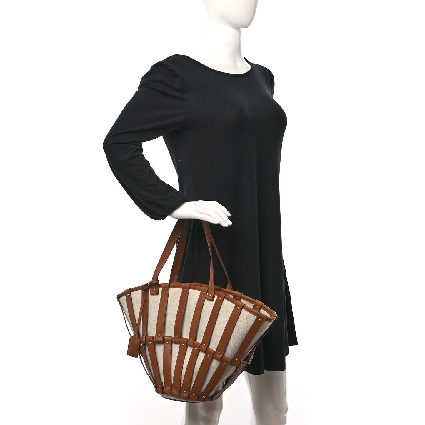 Calfskin Canvas Beatrix Panier Cut Out Tote Grege Brick