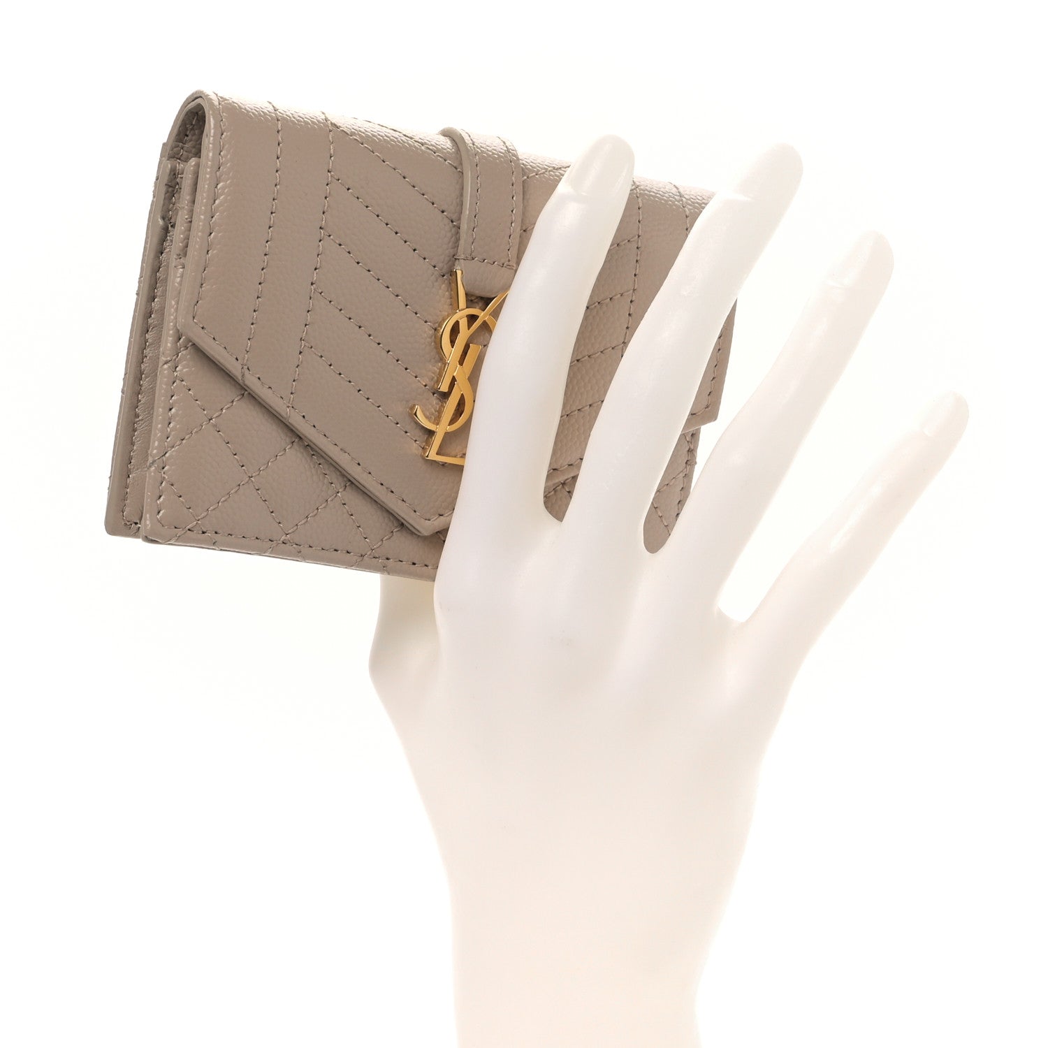 Saint Laurent Grain De Poudre Textured Mixed Matelasse Triquilt Small Monogram Envelope Wallet Dark Beige 2 of 9
