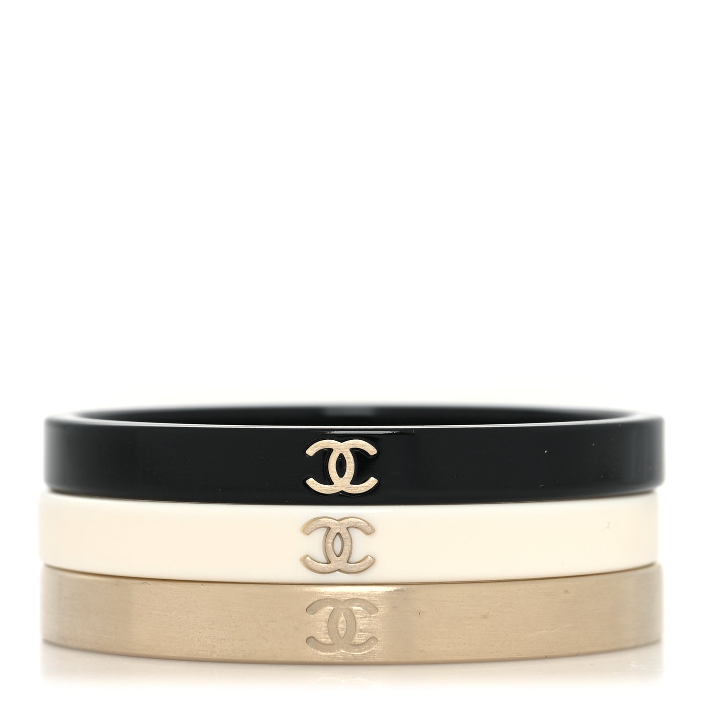 Resin Metal CC Bangle Set of 3 Black White Gold