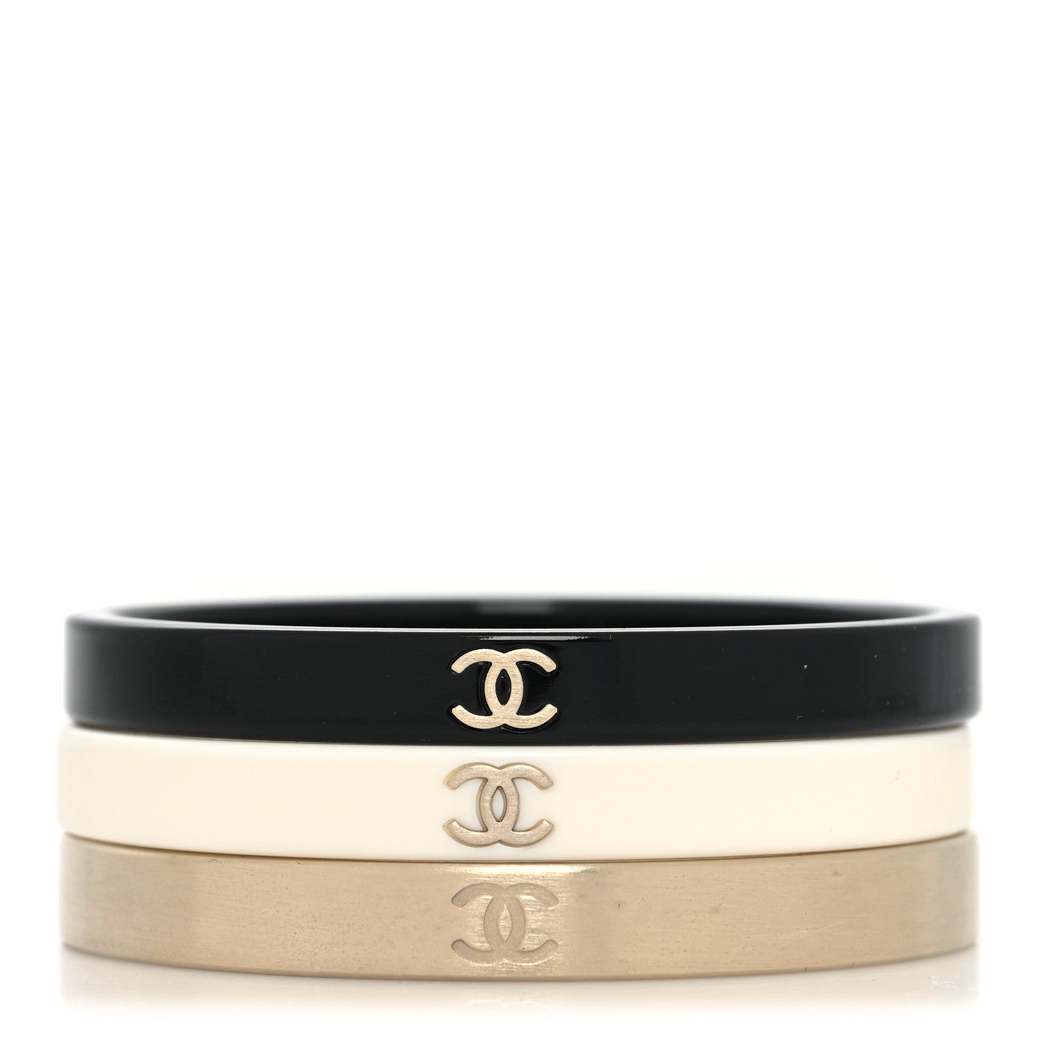 Chanel Resin Metal CC Bangle Set of 3 Black White Gold 1 of 4
