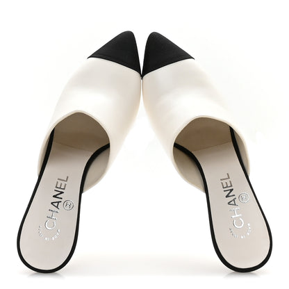 Chanel Lambskin Grosgrain Cap Toe Pearl Mule 38 Beige Black 2 of 8