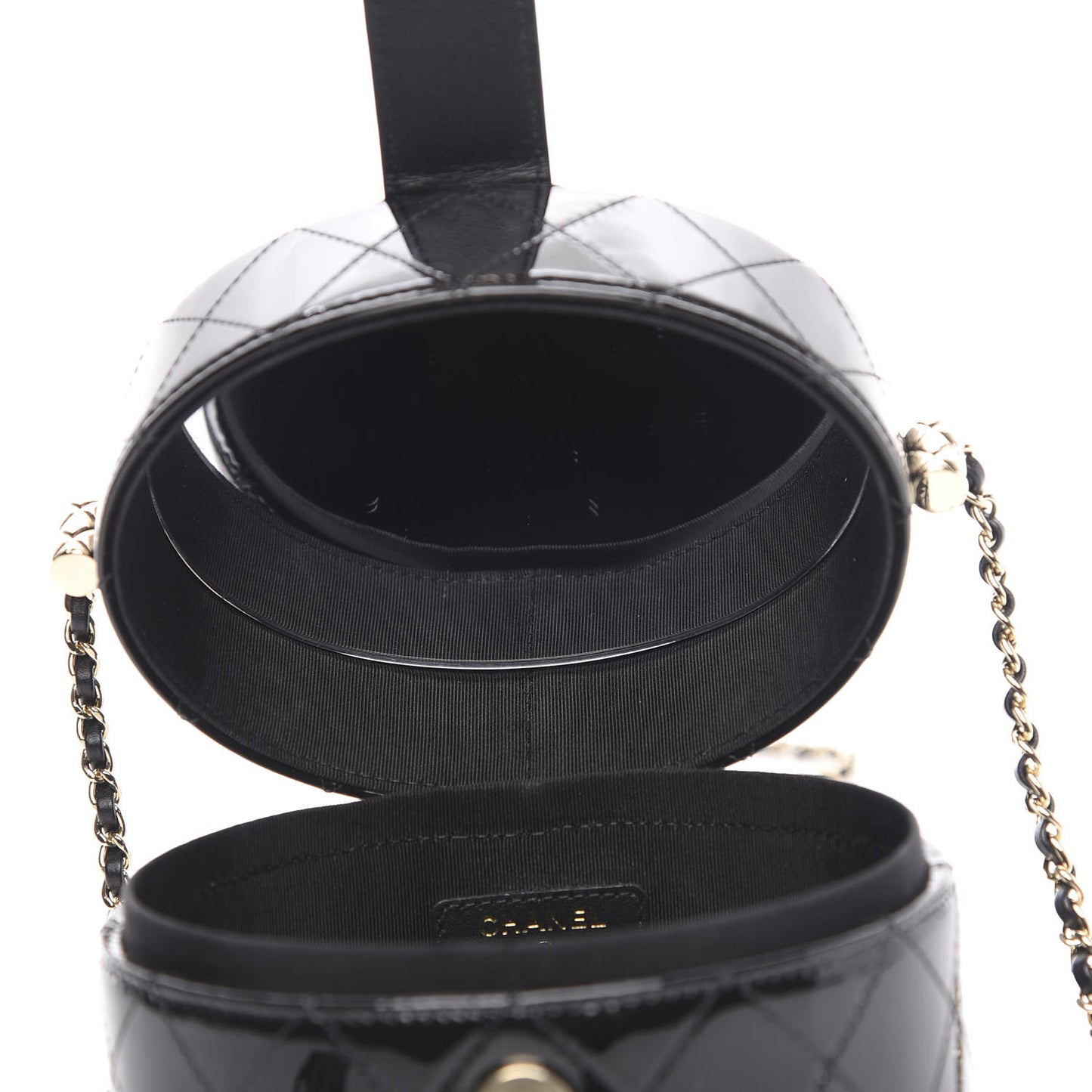 Patent Quilted Round Clutch With Chain Black