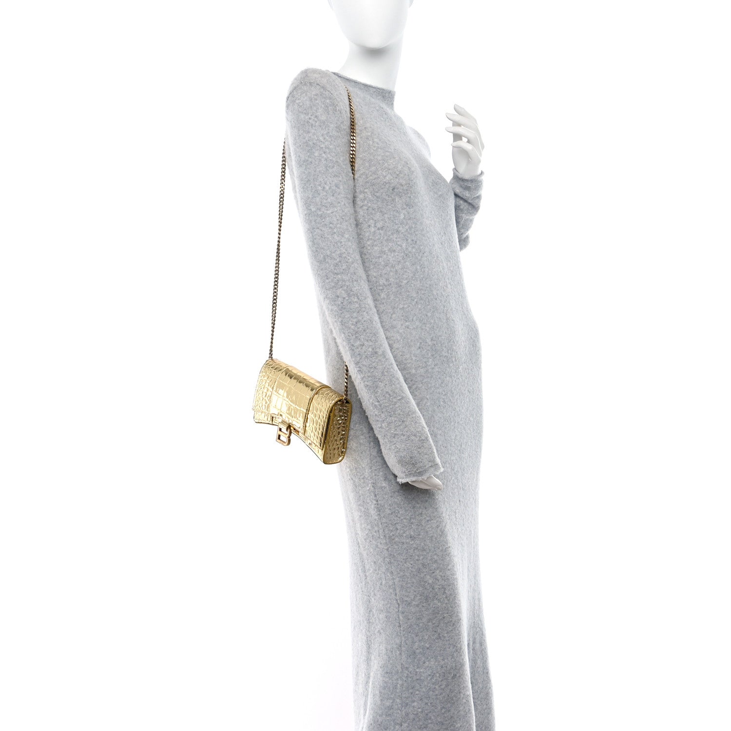 Balenciaga Metallic Calfskin Crocodile Embossed Hourglass Chain Bag Gold 2 of 11