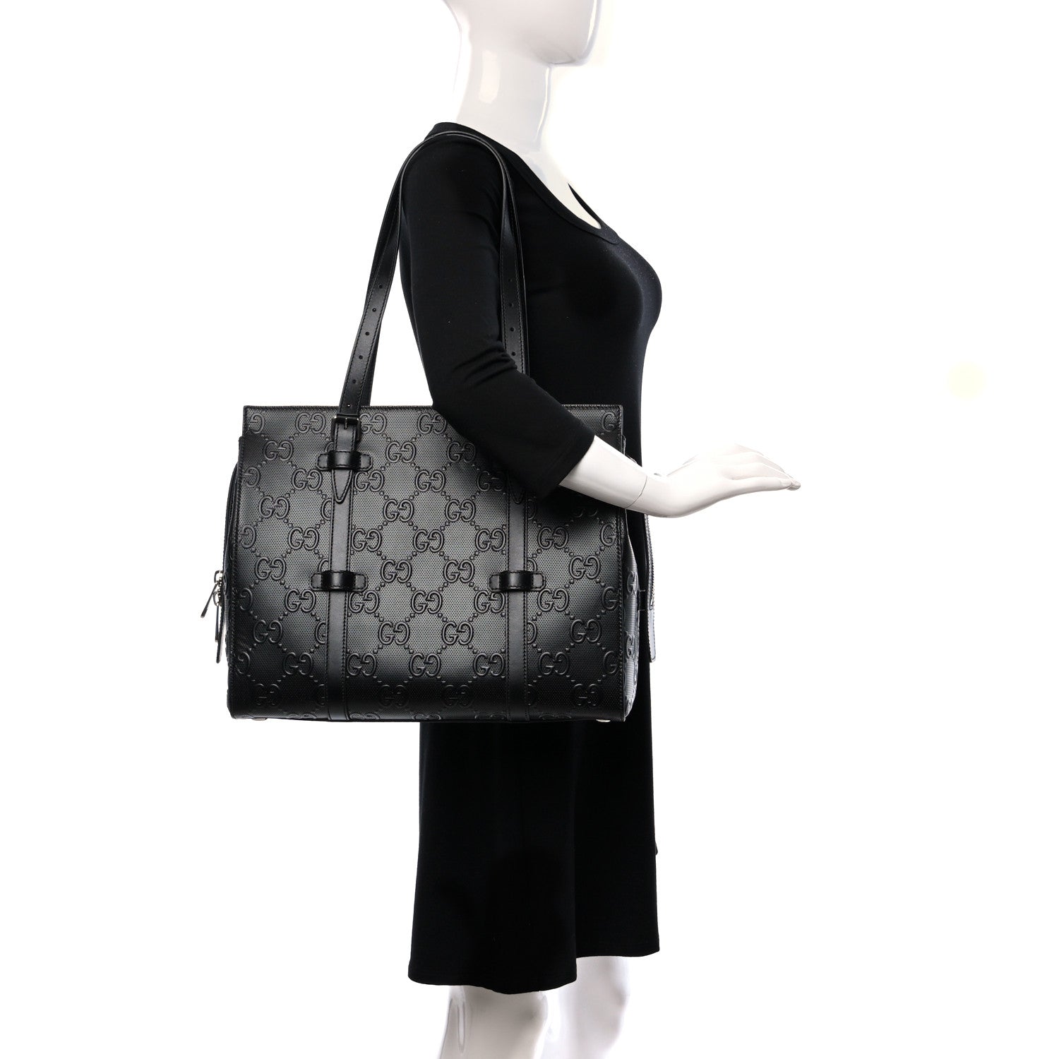 Gucci Calfskin GG Tennis Embossed Tote Bag Black 2 of 8