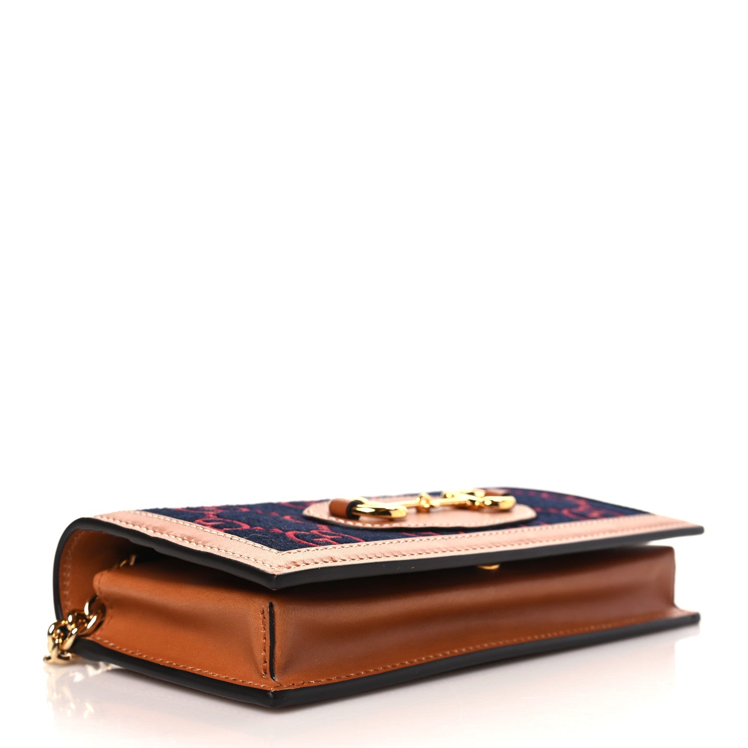 Gucci Covered Wool Cuoio Harness GG Monogram Horsebit 1955 Wallet On Chain Blue Red Harness Brown 4 of 9
