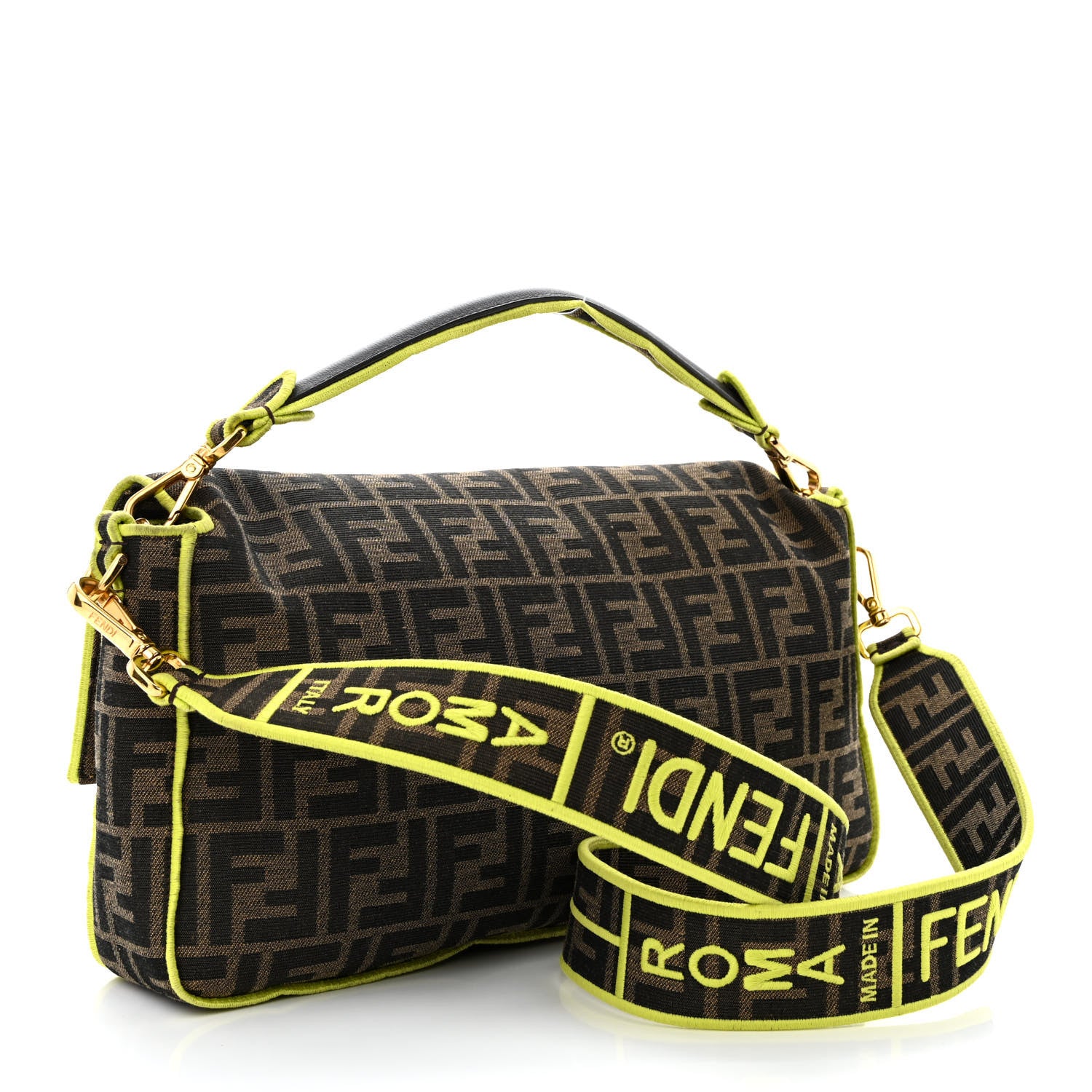 Fendi Fabric Jacquard FF 1974 Large Baguette Tobacco Moro Giallo Fluo 3 of 10