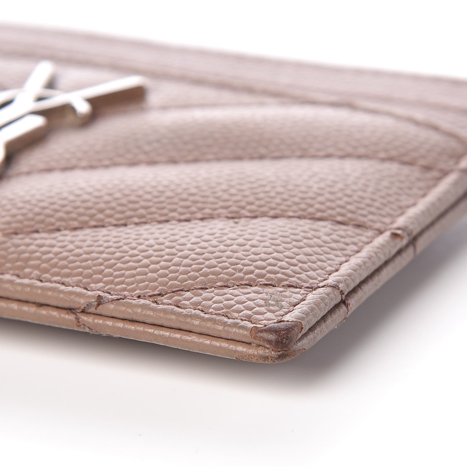 Saint Laurent Grain De Poudre Matelasse Chevron Monogram Credit Card Case Dark Beige 9 of 17