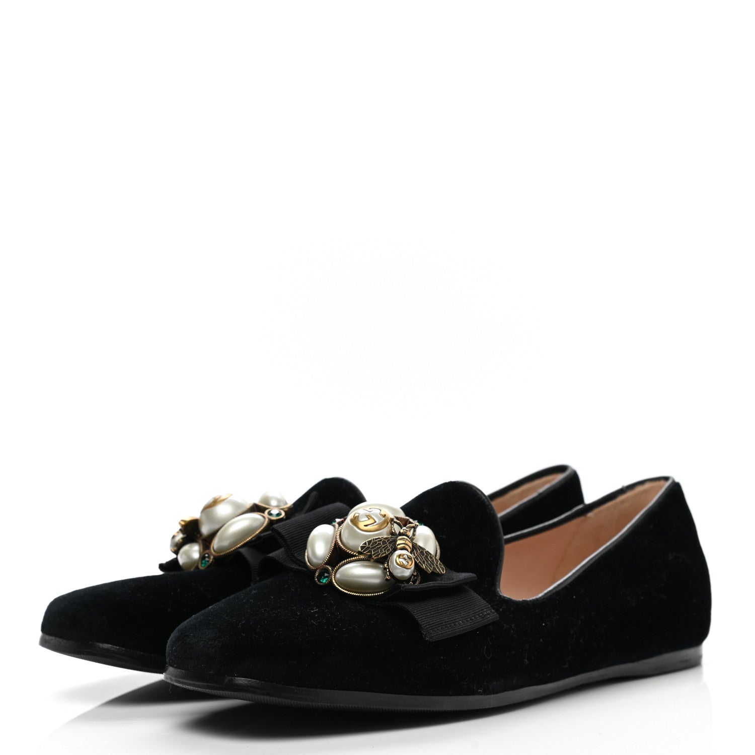 Gucci Velvet Etoile Pearl Embellished Loafers 37 Black 3 of 8